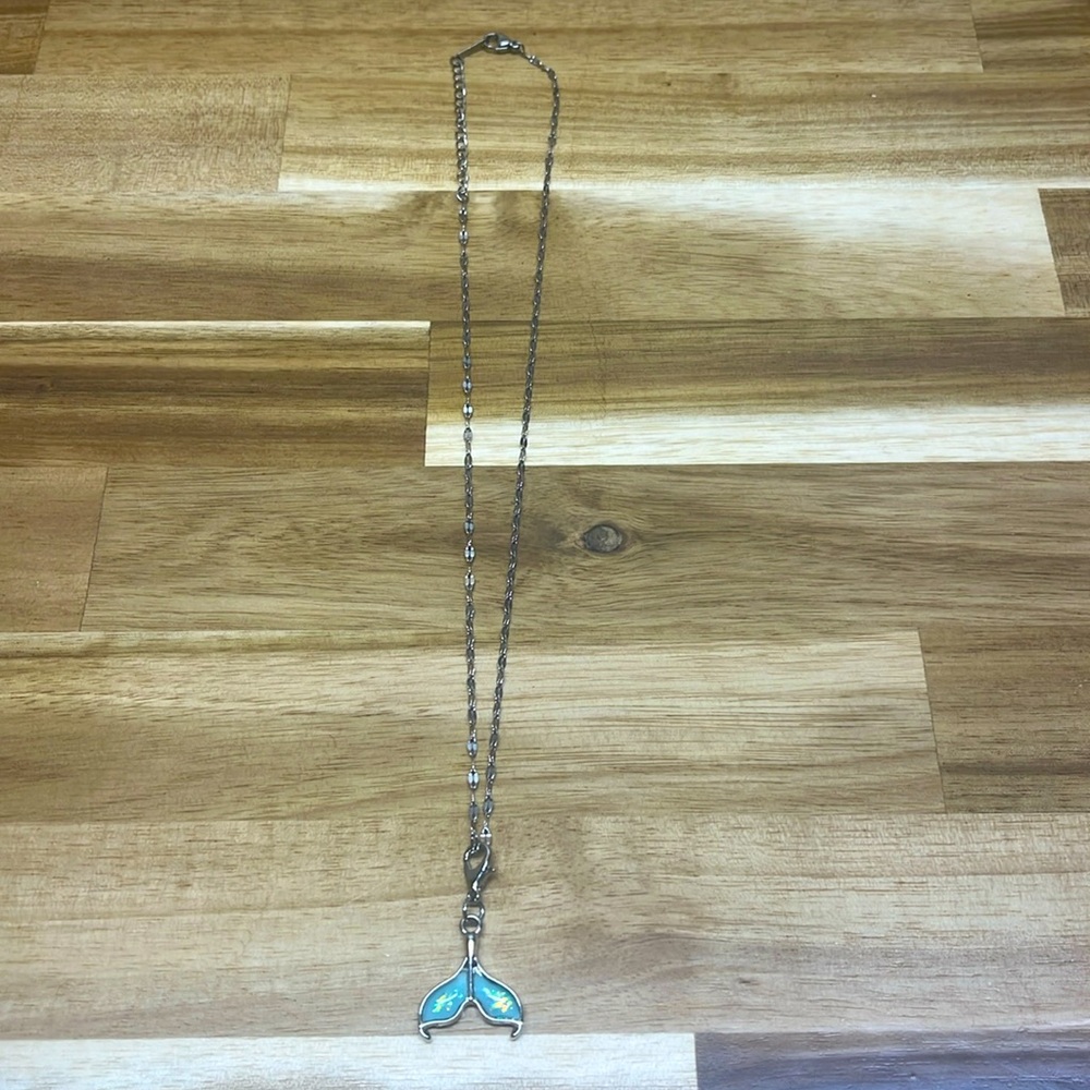 silver necklace with mermaid tail iridescent charm
